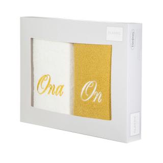 Komplet ręczników 2x50x90 ON ONA kremowe musztardowe haftowane w kartonowym pudełku