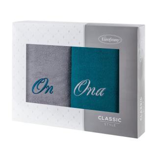 Komplet ręczników 2x70x140 ON ONA ciemny turkus popielate haftowane w kartonowym pudełku