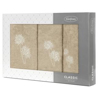 Komplet ręczników 3 szt. ACELIA beżowe z haftowanym kremowym wzorem kwiatów facelii w kartonowym pudełku