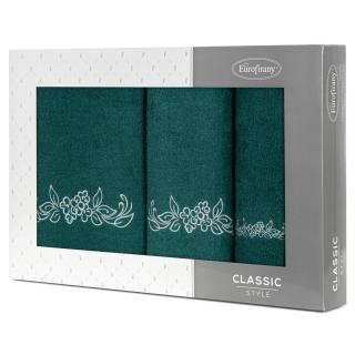 Komplet ręczników 3 szt. CLAVIA ciemna zieleń z haftowanym srebrnym wzorem roślinnym w kartonowym pudełku