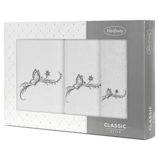 Komplet ręczników 3 szt. FAIRY białe z haftowanym grafitowym wzorem motyli w kartonowym pudełku