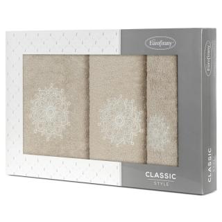 Komplet ręczników 3 szt. ROSETTE beżowe z haftowanym kremowym wzorem rozety w kartonowym pudełku