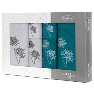 Komplet ręczników 6 szt. ACELIA ciemny turkus srebrne z haftowanym wzorem kwiatów facelii w kartonowym pudełku