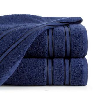 Ręcznik bawełniany 70x140 MANOLA niebieski z żakardową połyskującą bordiurą w paski