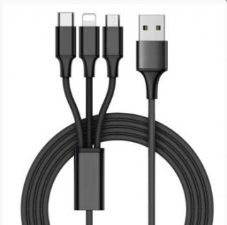 Kabel ładowarka 3w1 USB micro/IPhone/USB-C czarny